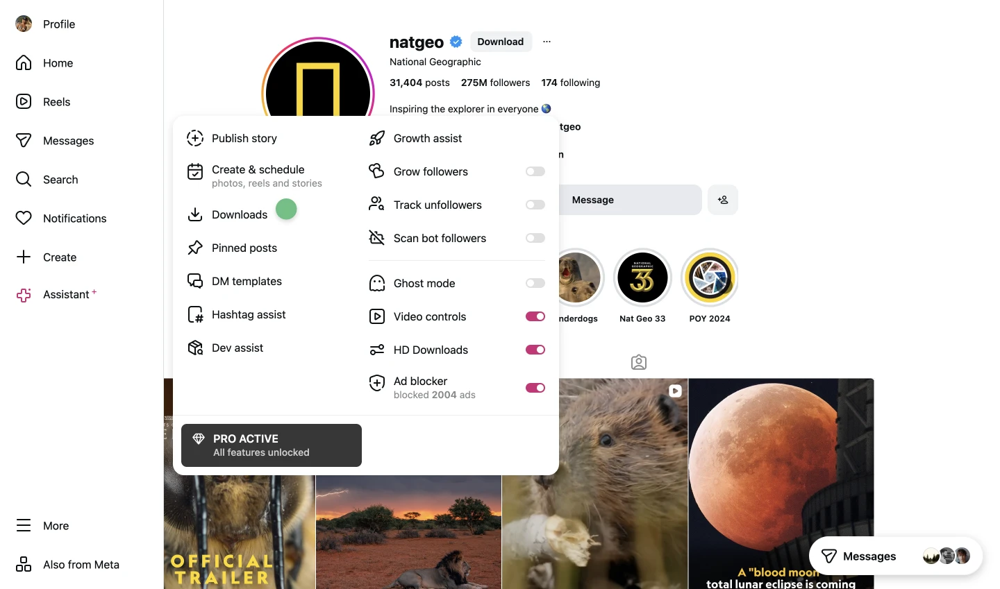 INSSIST menu on Instagram showing Downloads option