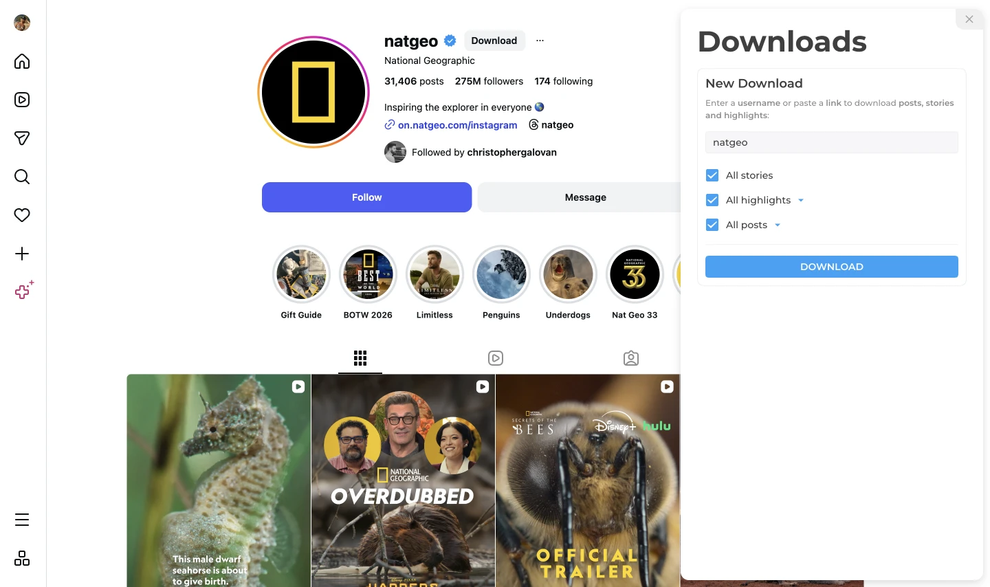 Downloads panel with username entered and profile displayed