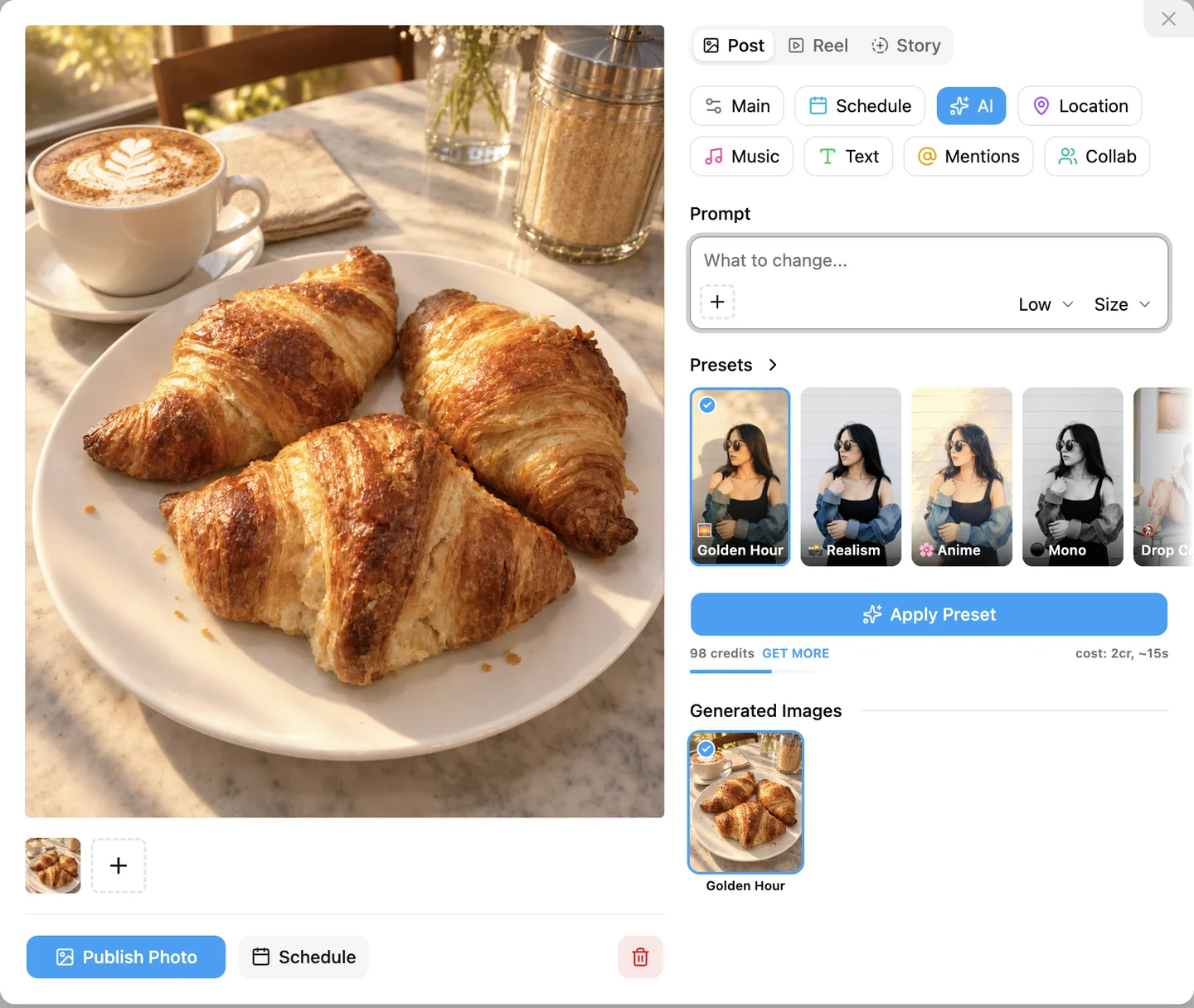 AI-edited Instagram photo ready to post, with the result applied from Generated Images
