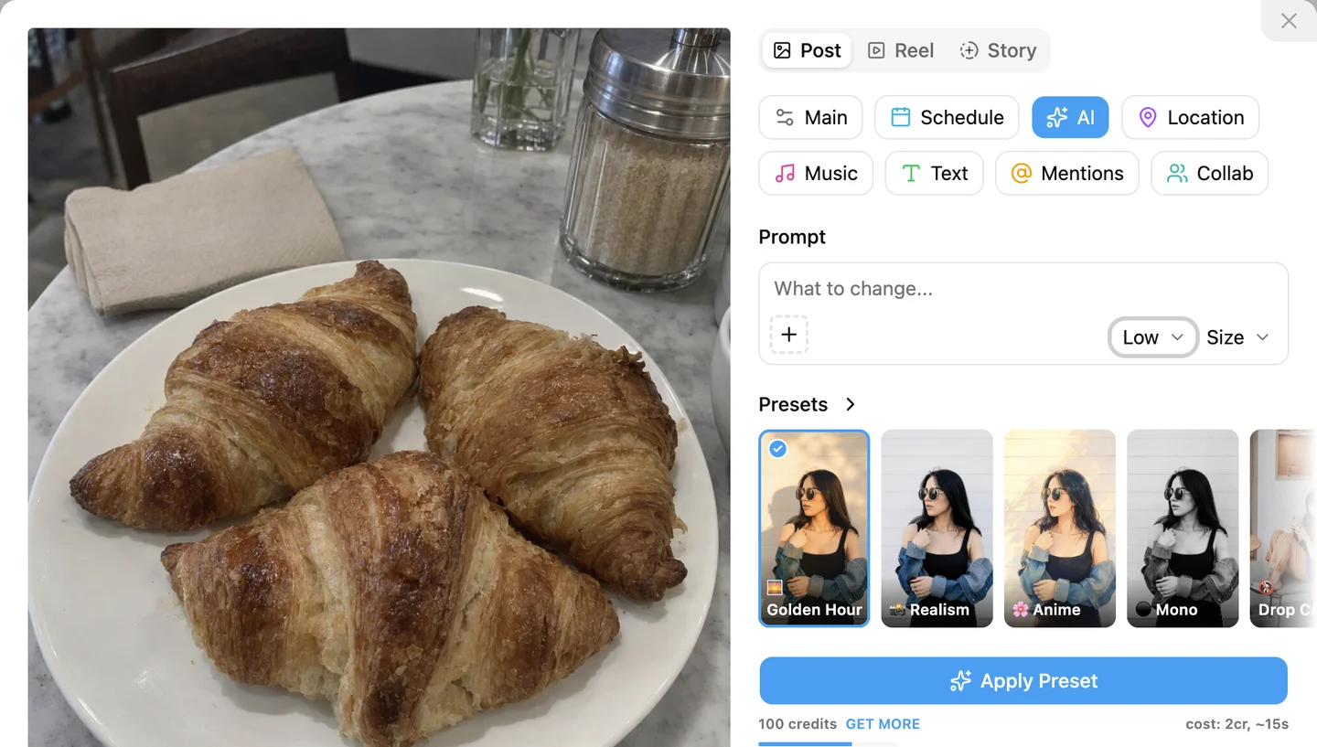 Creating an Instagram post with AI: the AI tab in the INSSIST editor with presets and a prompt box