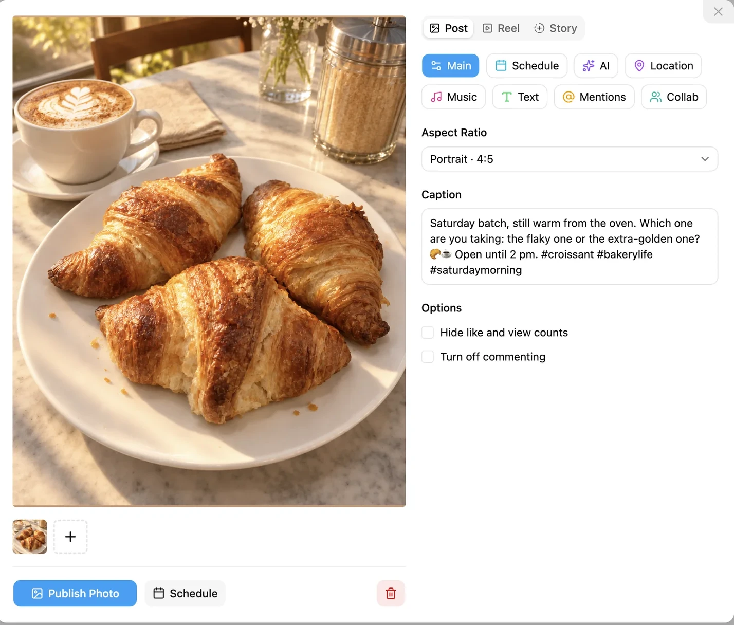 Cropping an AI image to 4:5 for the Instagram feed and adding the caption
