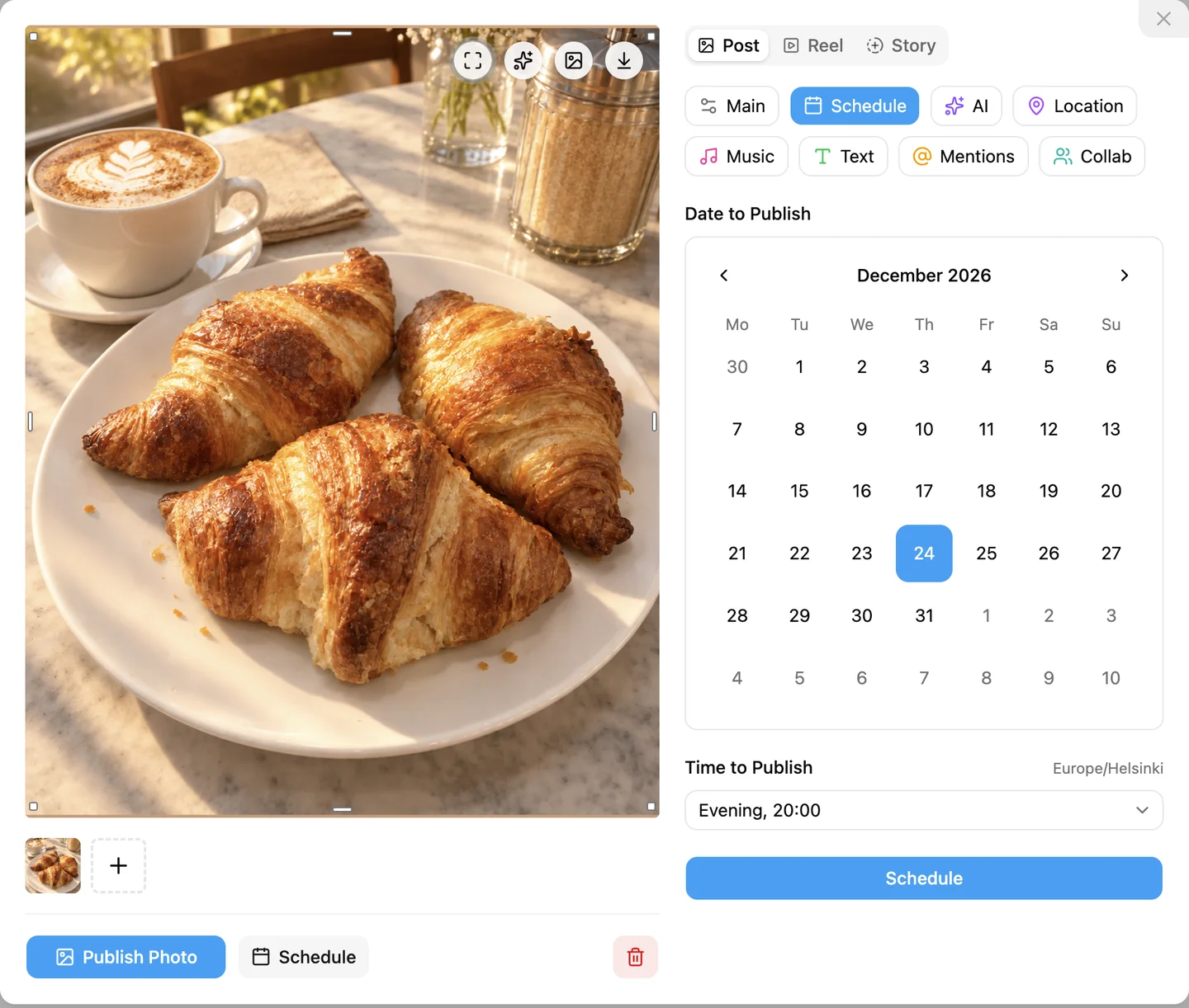 Scheduling an AI-created Instagram post in the INSSIST calendar