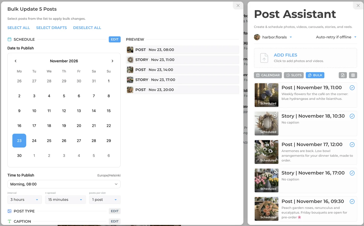 Bulk scheduling Instagram posts in INSSIST with an interval between posts