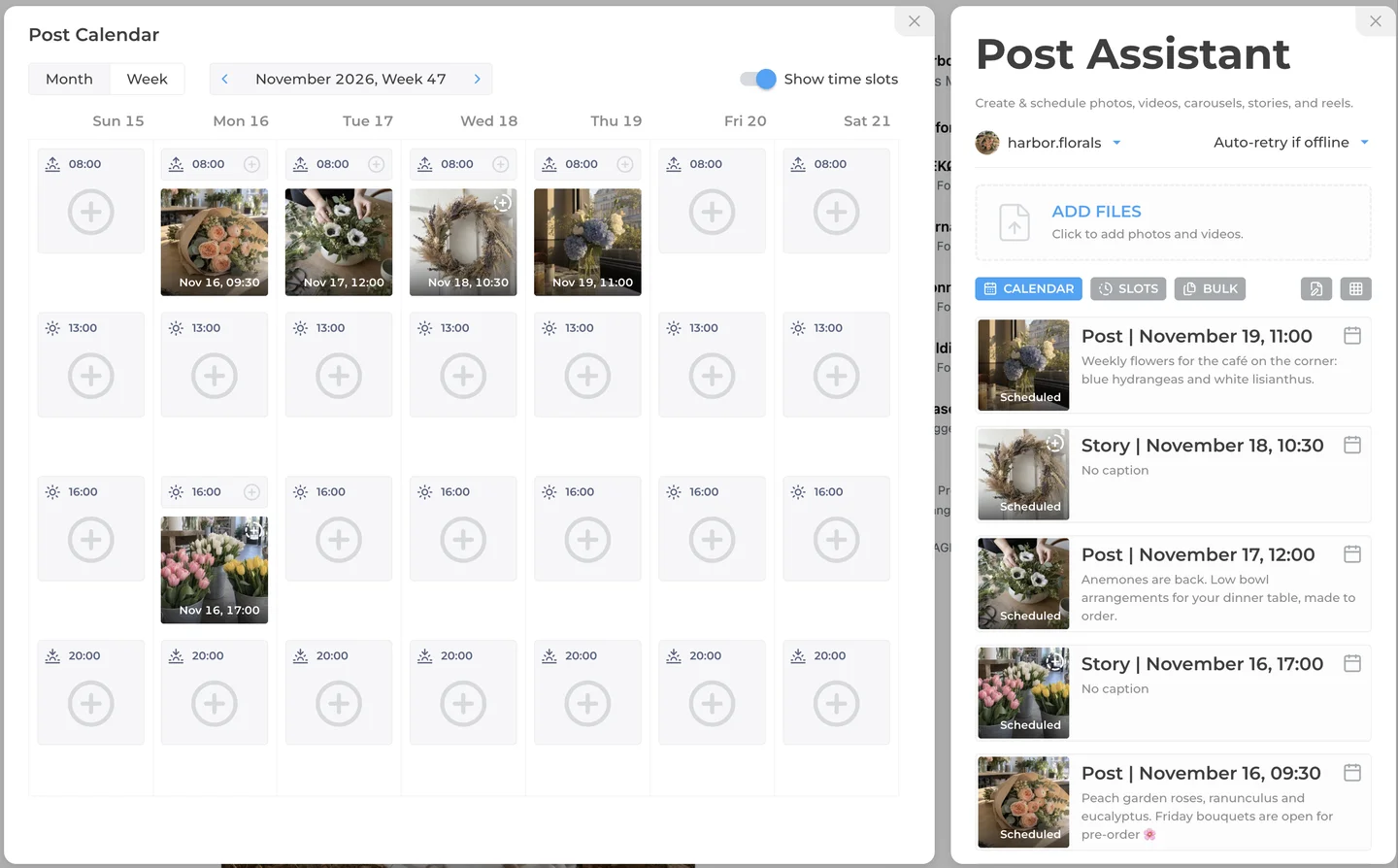 INSSIST Instagram scheduler week calendar with scheduled posts and time slots