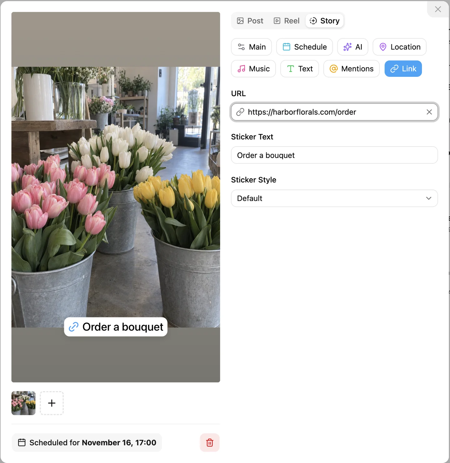 Scheduling an Instagram Story with a link sticker in INSSIST