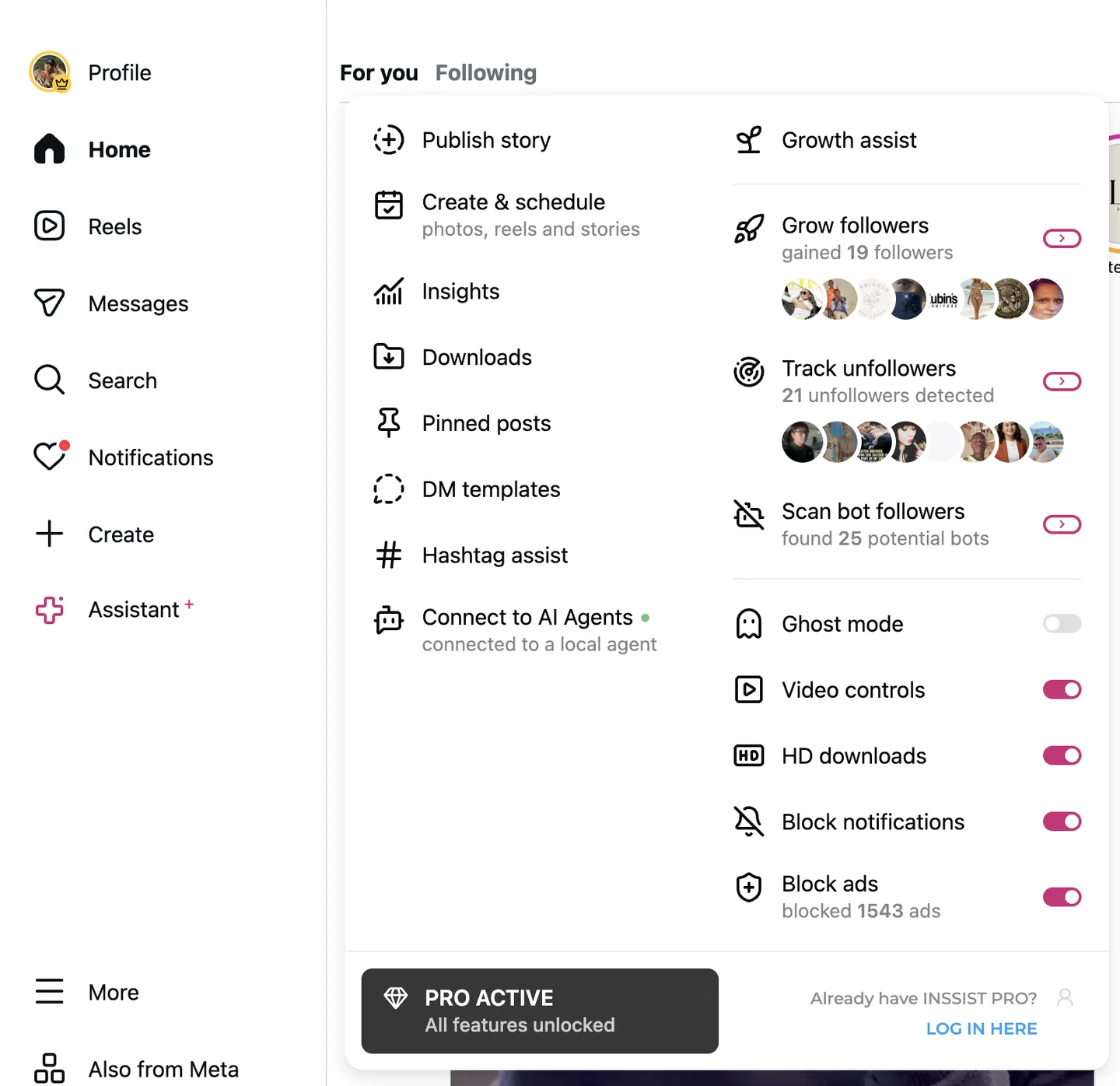 INSSIST Chrome extension for Instagram: menu on instagram.com with posting, downloads and Ghost Mode