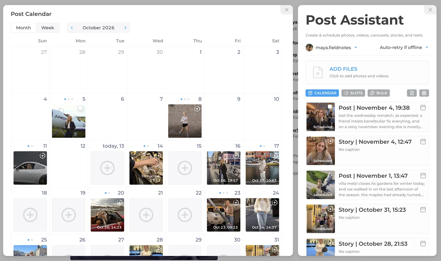 Scheduling Instagram posts and Stories in the INSSIST calendar in Chrome