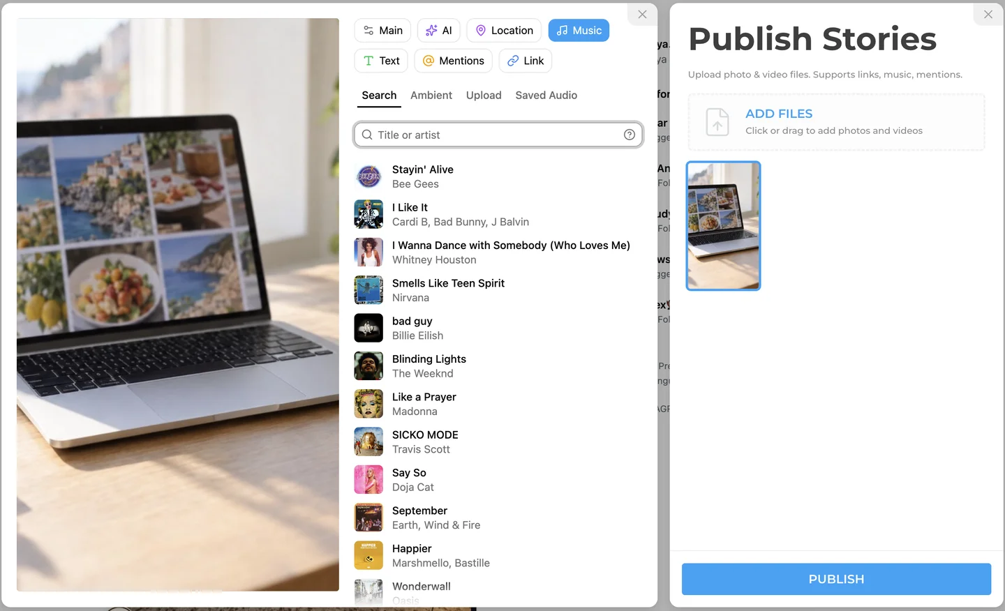 Posting an Instagram Story with music from Chrome using the INSSIST Story editor