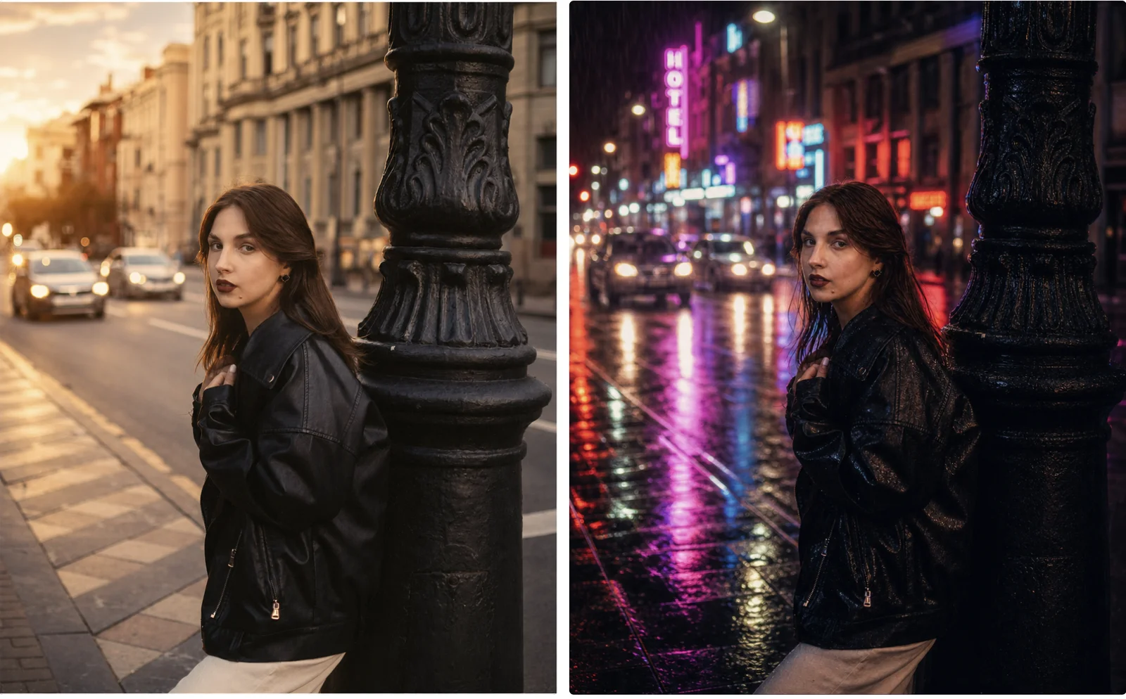 Before and after: the original photo and the same photo as a rainy neon night