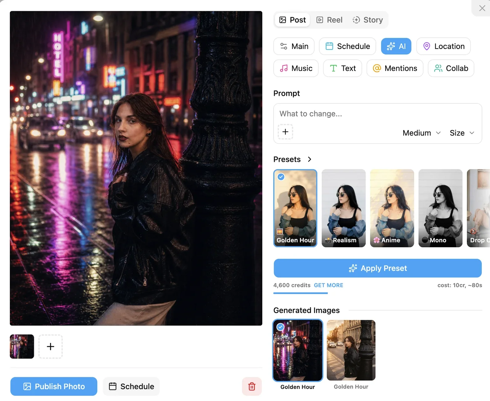 A custom prompt turning a sunset street photo into a rainy neon night