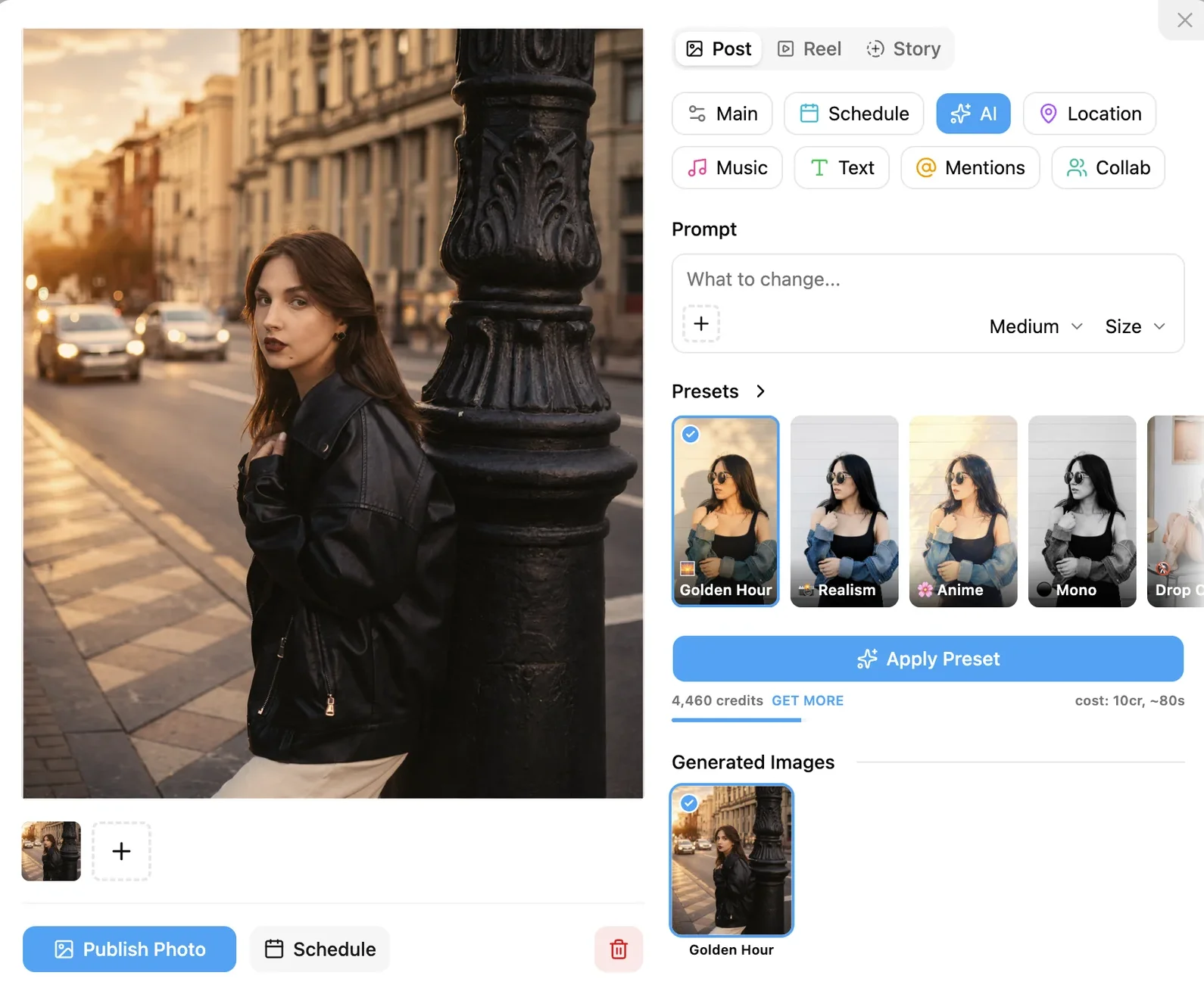 The AI tab in INSSIST Post Assistant, with preset cards and the generated result