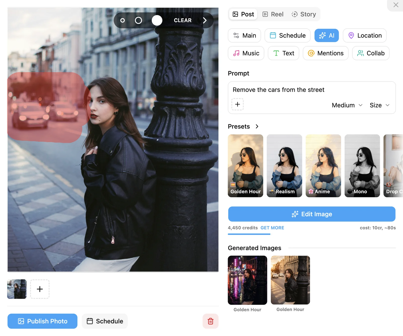 Painting a mask over the cars in the INSSIST AI photo editor, with the prompt 