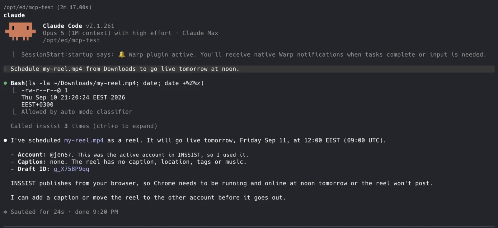 Claude Code scheduling a reel through the INSSIST MCP server