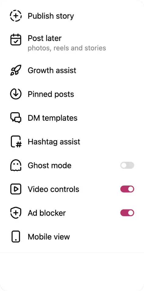 INSSIST extension menu interface